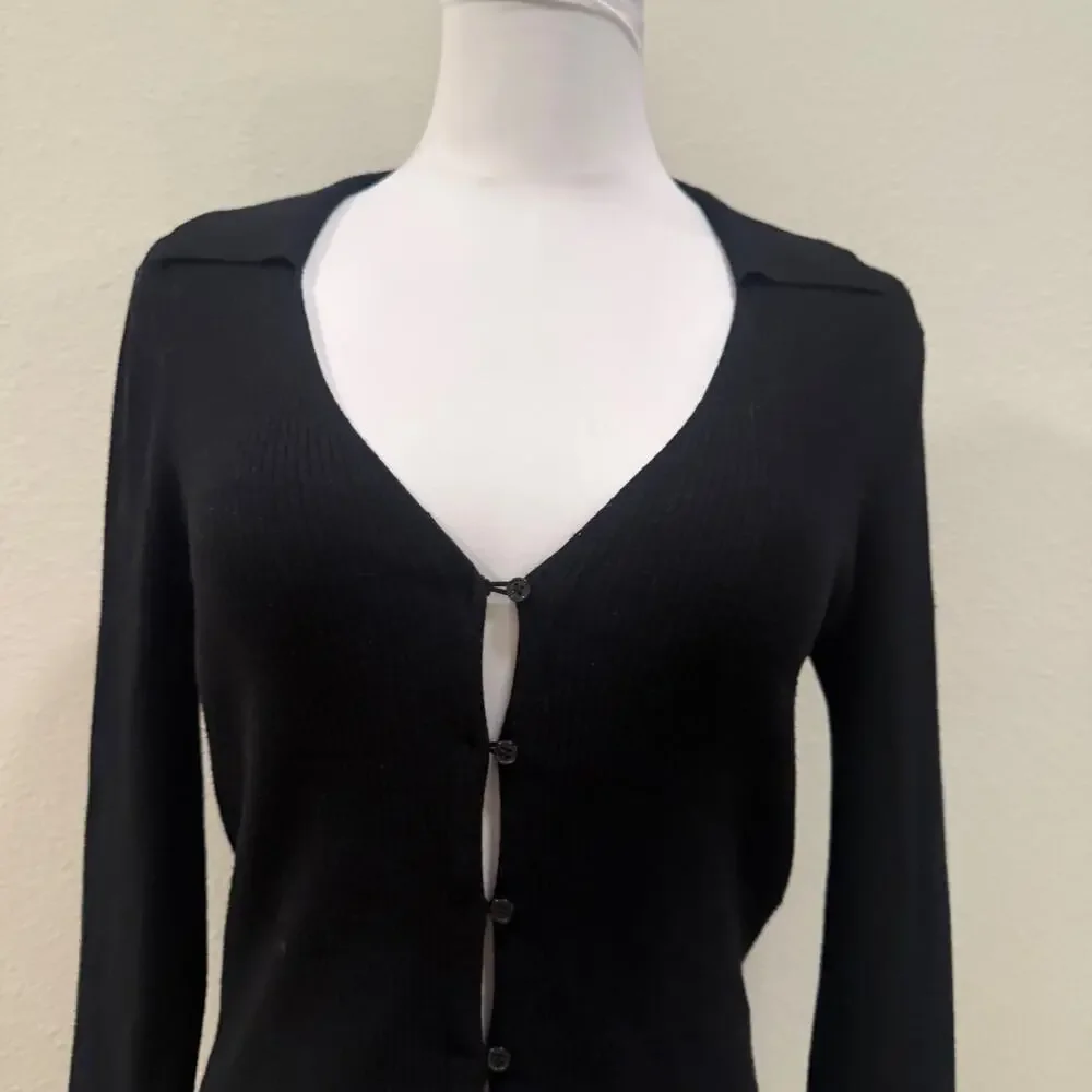 H&M Black Rib Knit Button Front Cardigan Top Collared Long Sleeve V Neck Medium - Picture 3 of 7